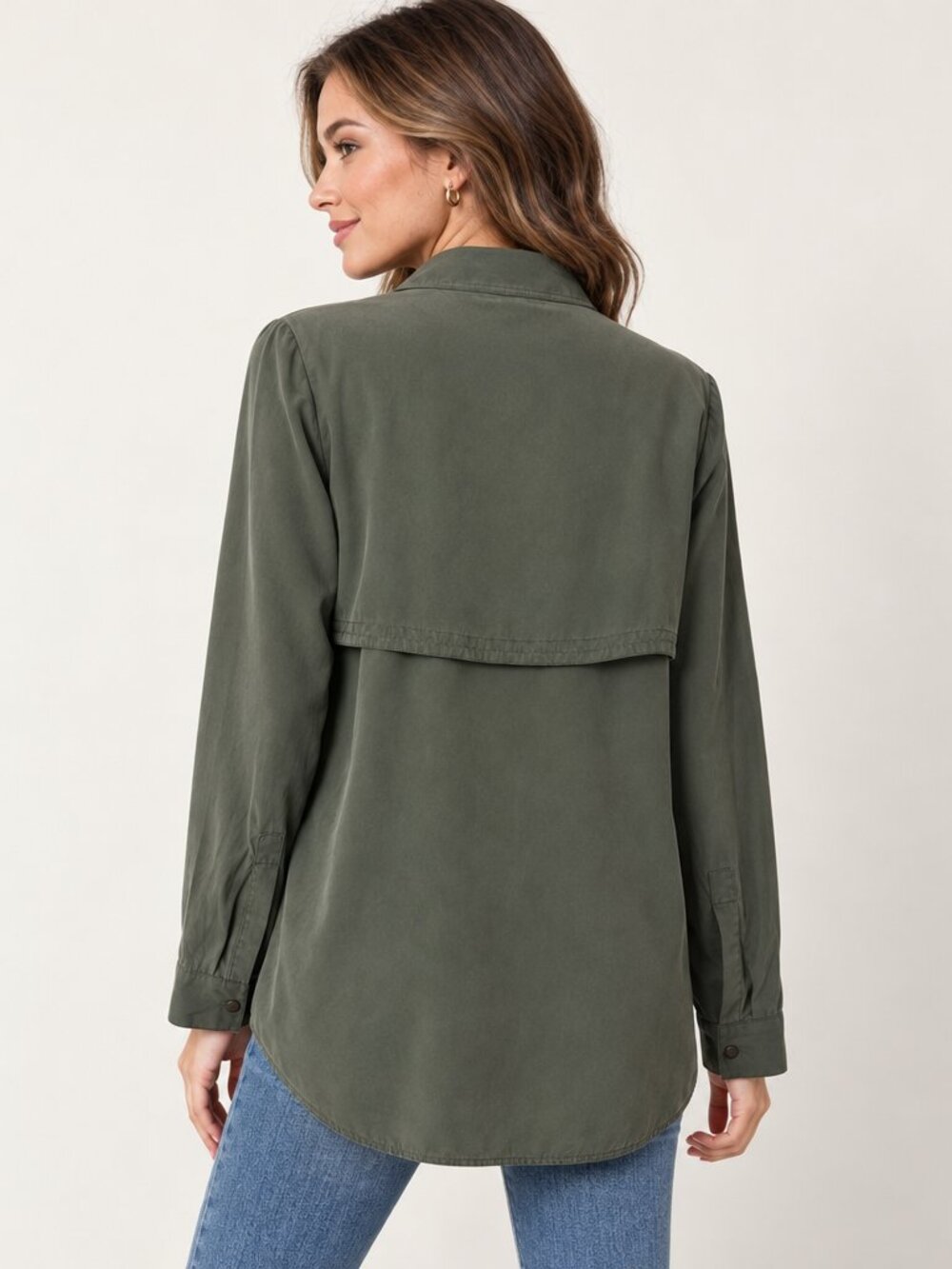 Vince 100% Silk Button Front Blouse Top Women's M Military Green Career Office